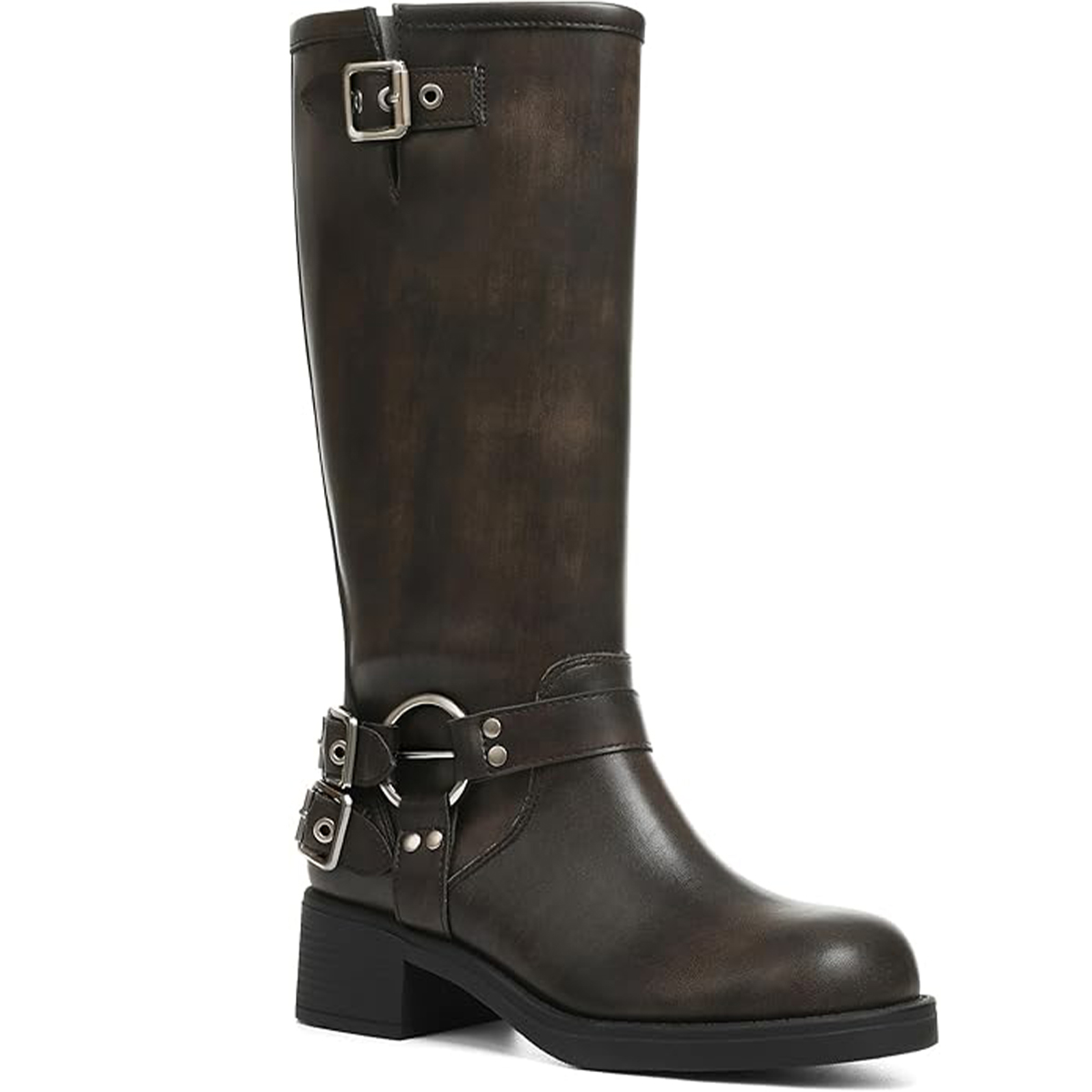 AMINUGAL, Aminugal Brown Knee High Boots Women Square Toe Pull on Boots Wide Calf Riding Boots Fashion Buckles Chunky Boots Metallic Casual Vintage Buckle Rivet Boots Size 8.5
