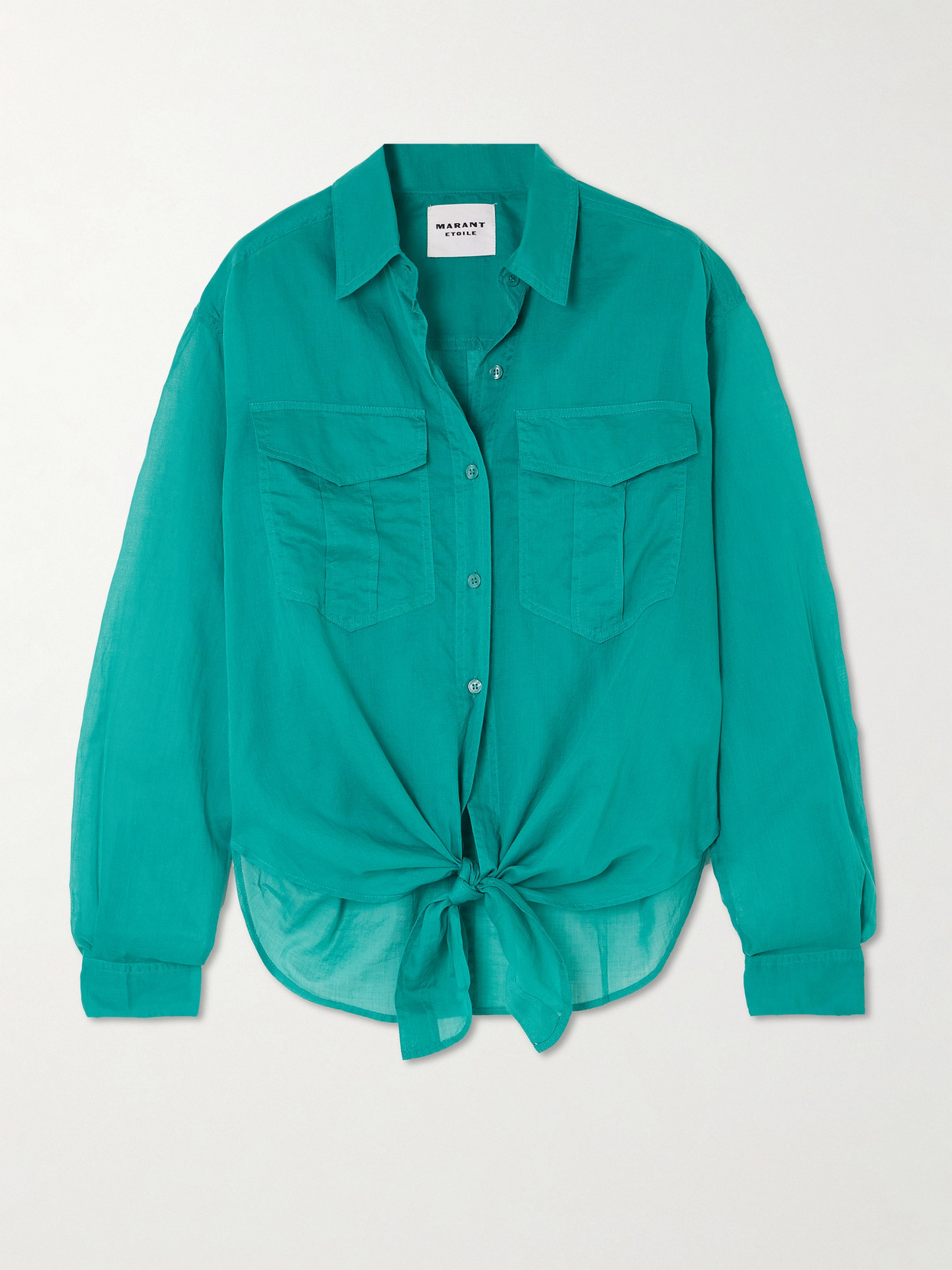 cotton-voile collared button-down shirt with a tied waist in green