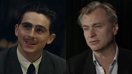 Timothee Chalamet wearing glasses in Marty Supreme / Christopher Nolan discussing Tenet in BTS footage shared by Warner Brothers.