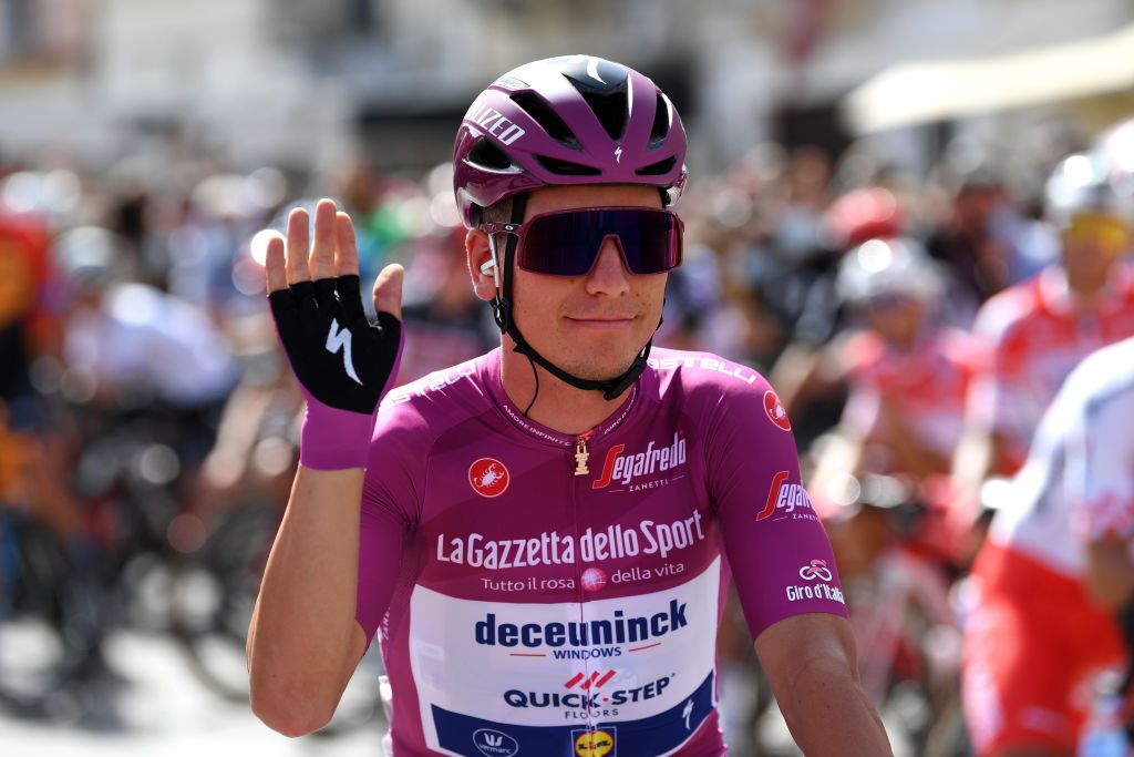 AGRIGENTO ITALY OCTOBER 04 Start Joao Almeida of Portugal and Team Deceuninck QuickStep Purple Points Jersey Santuario Maria SS DellAlto Alcamo Village during the 103rd Giro dItalia 2020 Stage 2 a 149km stage from Alcamo to Agrigento 243m girodiitalia Giro on October 04 2020 in Agrigento Italy Photo by Tim de WaeleGetty Images
