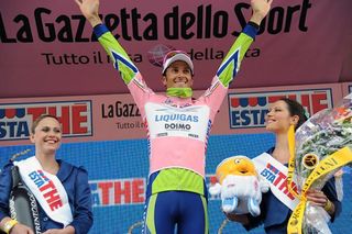 Ivan Basso (Liquigas - Doimo) celebrates taking over the Giro d'Italia lead.