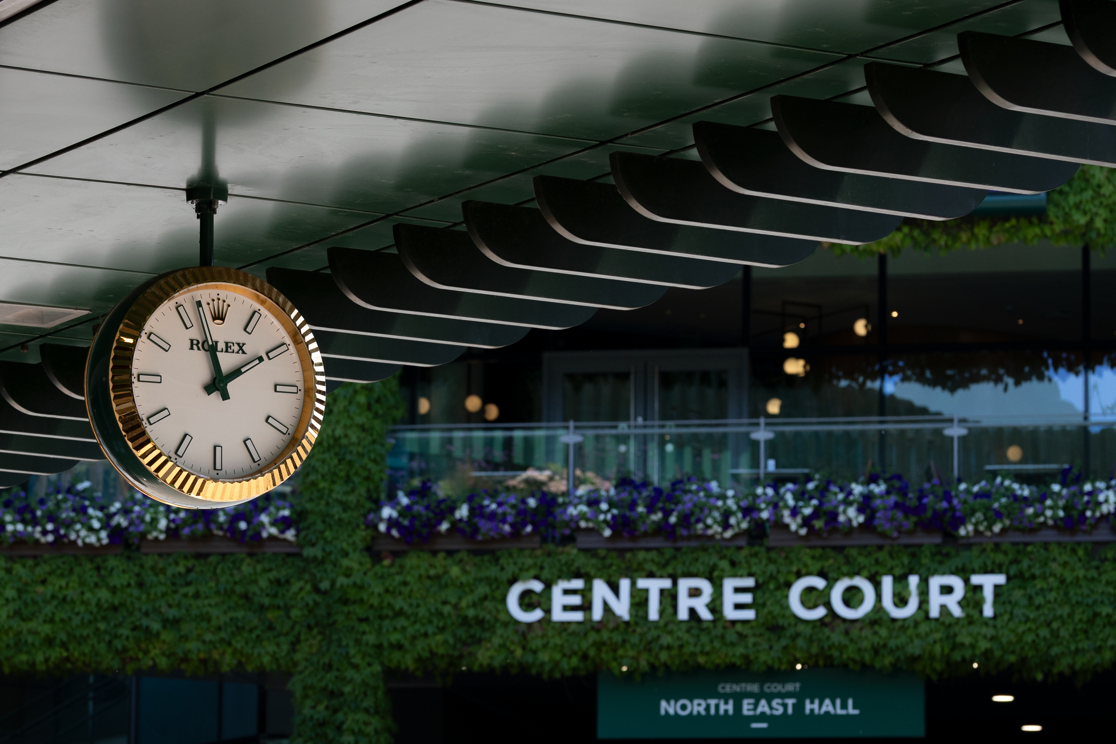 Large clock hanging above Centre Court at Wimbledon