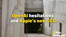 The white and yellow words "OpenAI hesitations and Apple's new CEO" overlaid on a photo of a construction worker onsite. The ITPro Podcast logo is in the bottom right corner.