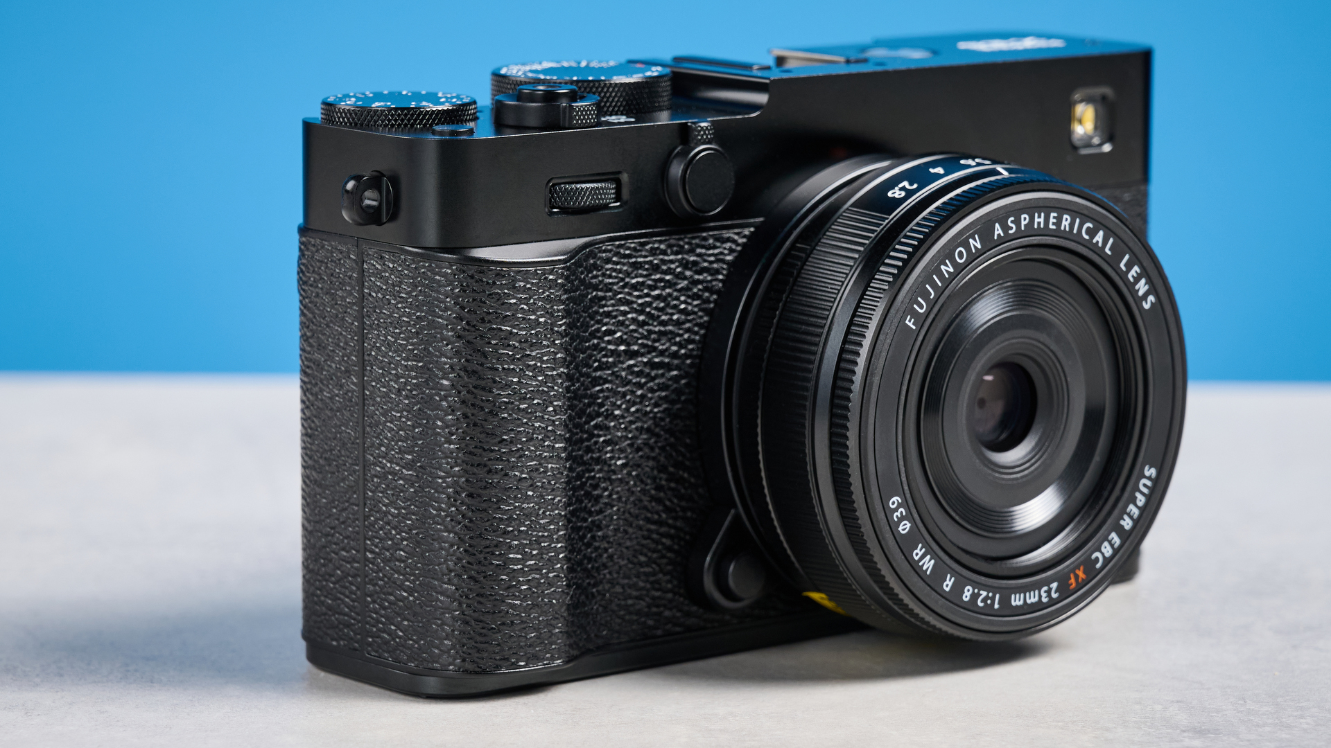 Fujifilm X-E5 against a blue background