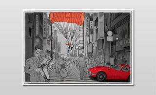 A landscape poster drawing a urban street filled with people, a red sports car and a skier descending into the street with a red jacket and a red parachute.