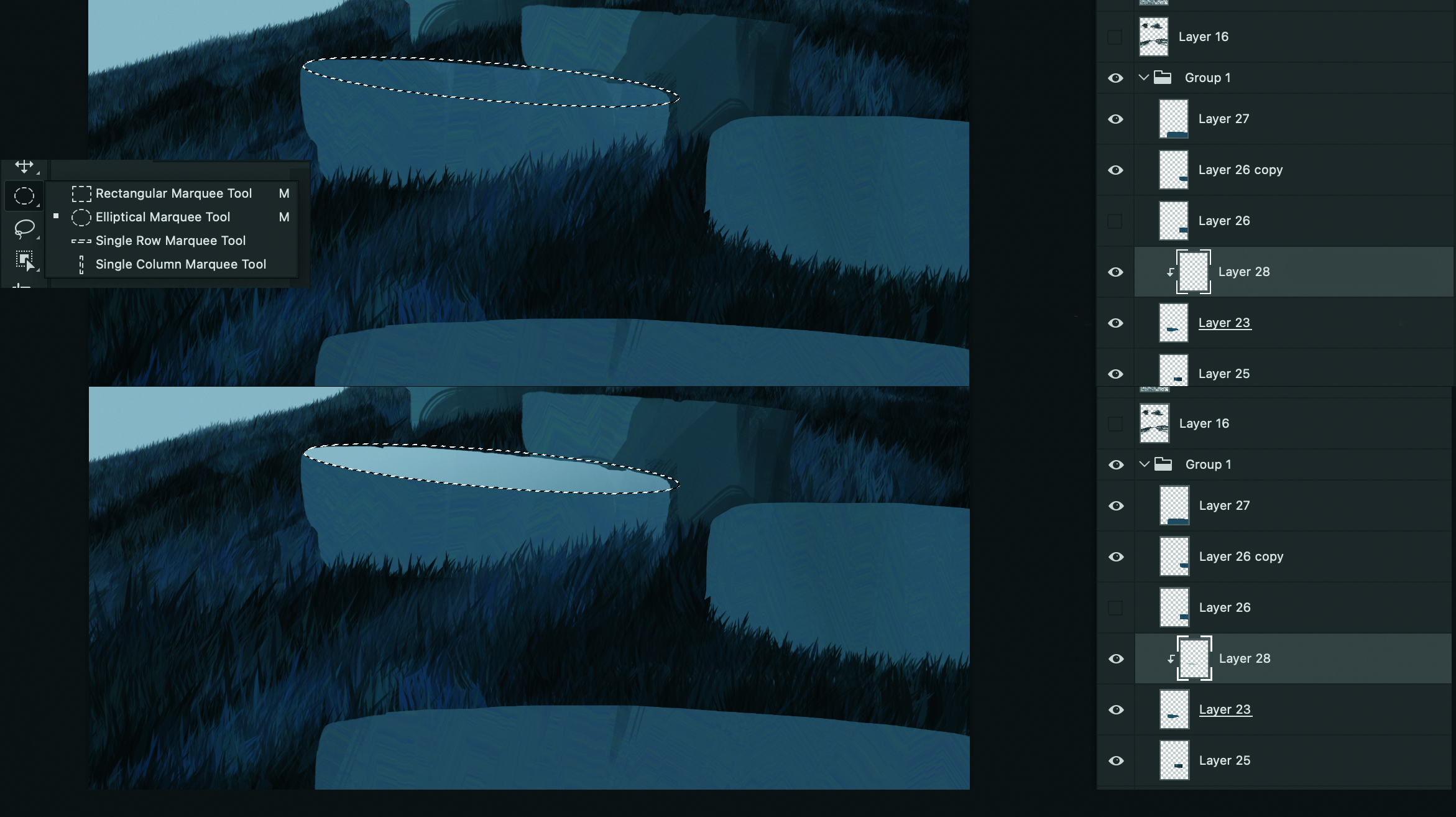 Part of the process of making digital art in Photoshop. The artwork shows a lone figure in a surreal dreamscape