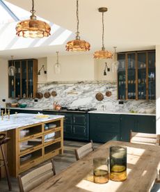 A wood, blue, and male kitchen by deVOL