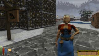 A woman stands in front of a mages guild