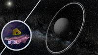 (Main) Illustration of the small solar system body Chariklo (Inset) artist's impression of the JWST
