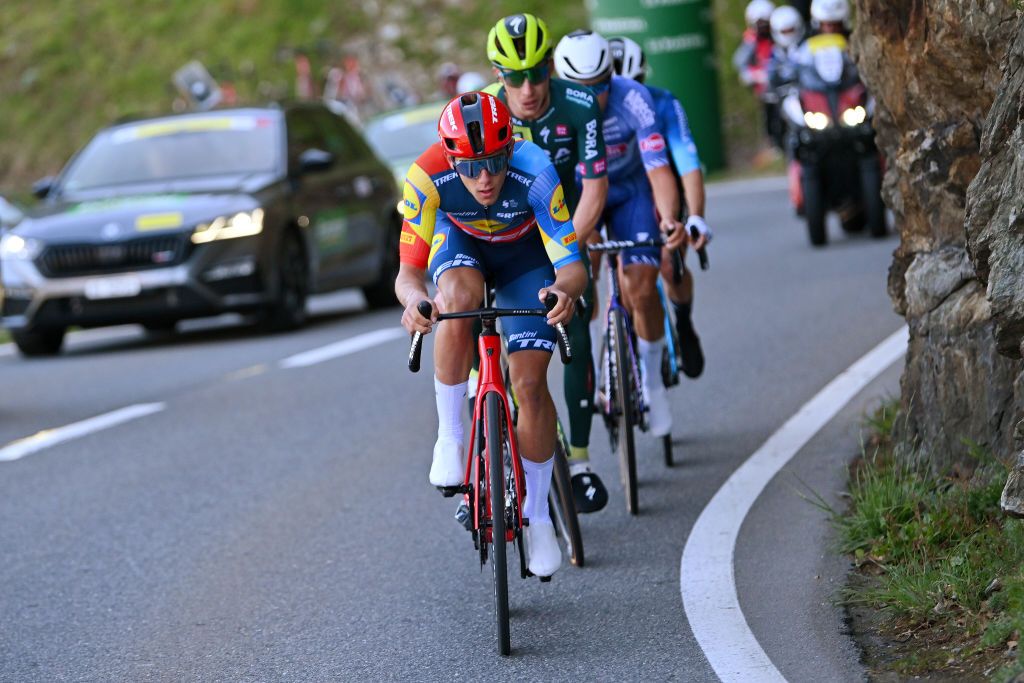 SALVANLES MARECOTTES SWITZERLAND APRIL 25 Thibau Nys of Belgium and Team Lidl Trek competes in the breakaway during the 77th Tour De Romandie 2024 Stage 2 a 171km stage from Fribourg to SalvanLes Marecottes 1059m UCIWT on April 25 2024 in SalvanLes Marecottes Switzerland Photo by Luc ClaessenGetty Images