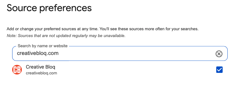 Source preferences with Creative Bloq selected and the box next to it ticked