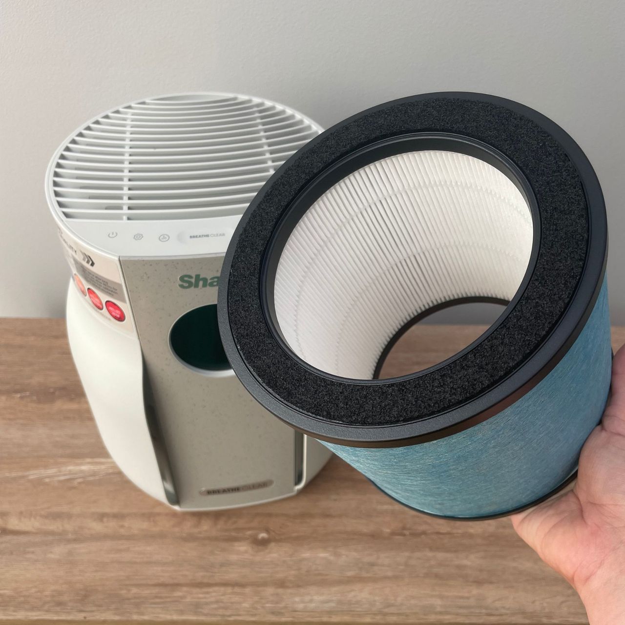 Shark BreatheClear Compact Air Purifier with NeverChange6 sitting on a wooden unit, with a hand holding its filter