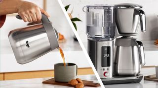 Sage Luxe Brewer Thermal coffee machine, and person pouring coffee into cup
