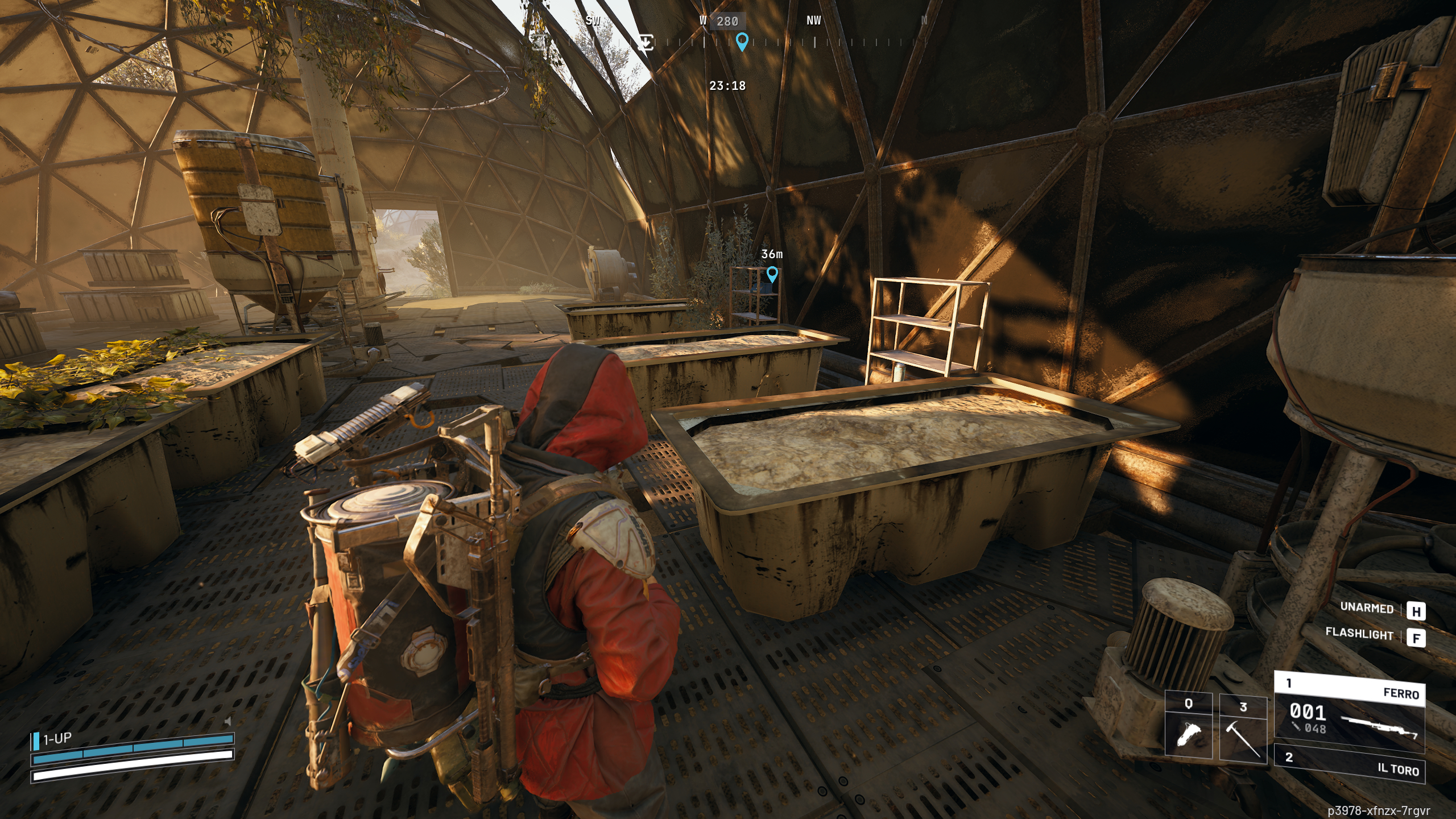 Arc Raiders Fertilizer: A player looking at rows of planters inside Hydroponic Dome Complex.