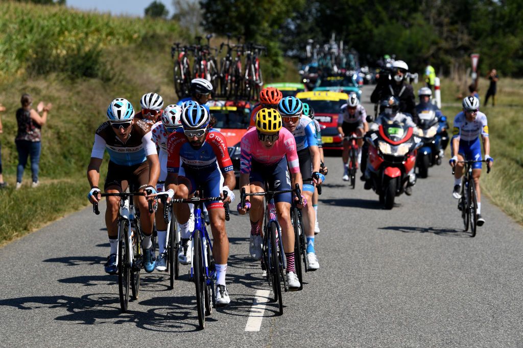 LOUDENVIELLE FRANCE SEPTEMBER 05 Nans Peters of France and Team Ag2R La Mondiale Jerome Cousin of France and Team Total Direct Energie Neilson Powless of The United States and Team EF Pro Cycling Ben Hermans of Belgium and Team Israel StartUp Nation Breakaway during the 107th Tour de France 2020 Stage 8 a 141km stage from CazresSurGaronne to Loudenvielle TDF2020 LeTour on September 05 2020 in Loudenvielle France Photo by Tim de WaeleGetty Images