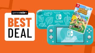 Animal Crossing edition Nintendo Switch Lite on an orange background with a copy of the game and a best deals badge