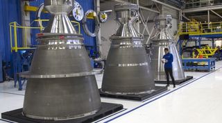 A group of BE-4 engines being assembled at Blue Origin's Kent, Washington, facility.