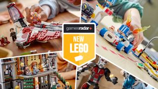 Lego Star Wars, Mario Kart, Harry Potter, and Marvel kits divided by white lines, with 'New Lego' in a GamesRadar+ badge at the center