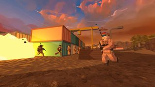 BattleBit Remastered: Polygonarmes Schlachtfeld mit Soldaten, die vor Explosionen fliehen.