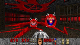 Doom Enhanced (1993) screenshot - chaingun firing at two floating cacodemons