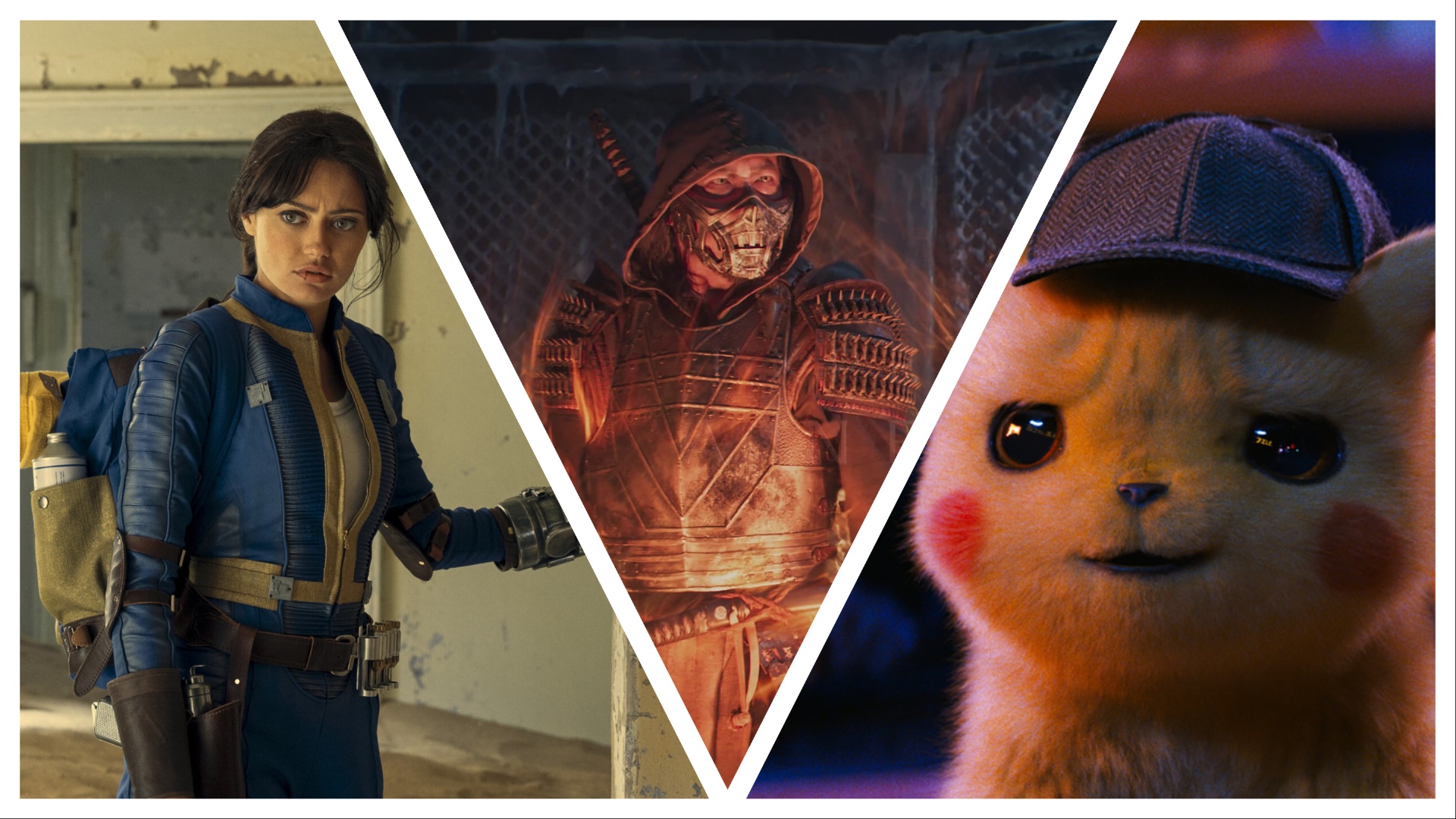 Three images sliced together of Fallout tv show, Mortal Kombat (2021) and the Detective Pikachu film 