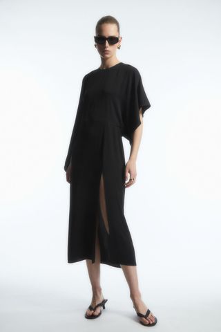 Asymmetric-Sleeve Draped Midi Dress