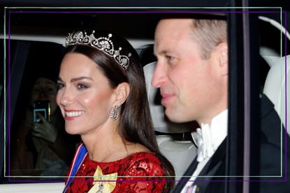 Kate Middleton tiara - Kate Middleton wears the Lotus Flower tiara as she and Prince William, Prince of Wales depart after attending the annual Reception for Members of the Diplomatic Corps at Buckingham Palace on December 6, 2022 in London, England. 