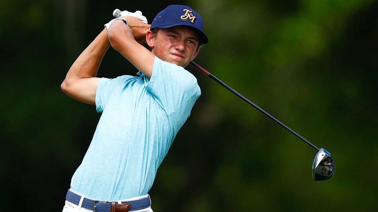 Miles Russell hits from the 16th tee during the first round of the LECOM Suncoast Classic at Lakewood National Golf Club Commander on April 18, 2024 