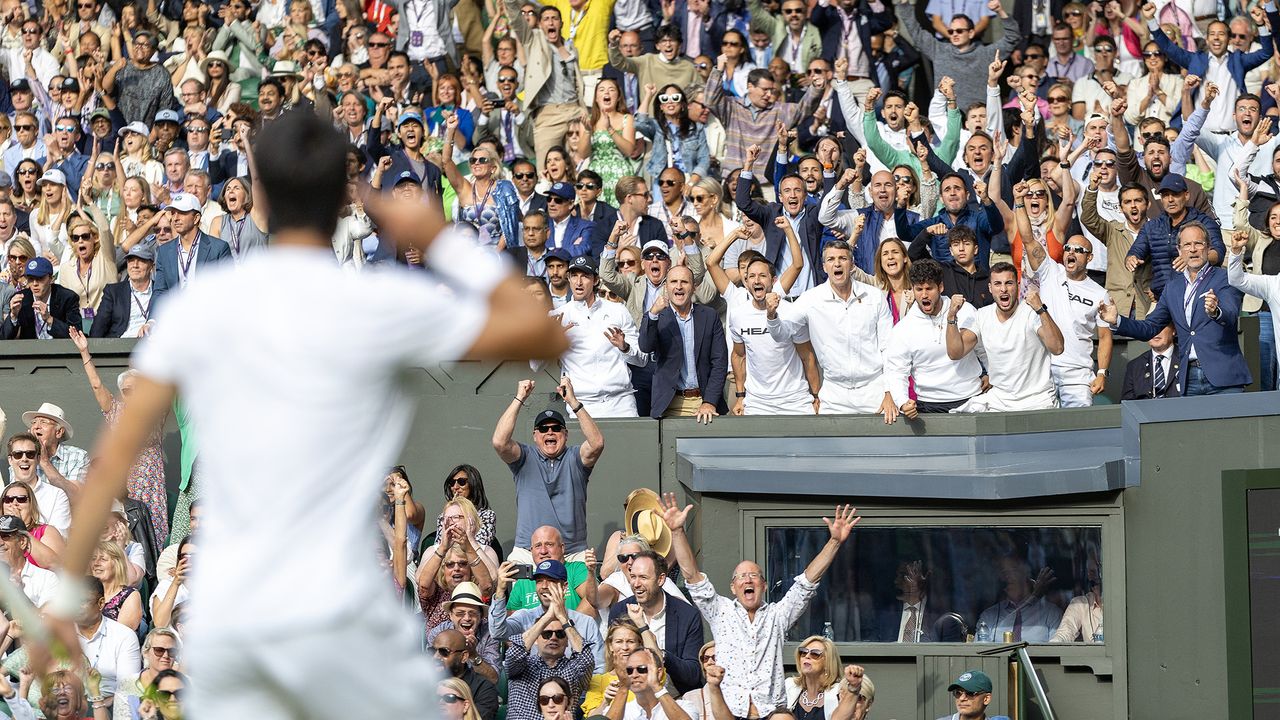 Coach Juan Carlos Ferrero and the team of Carlos Alcaraz of Spain react in the team box during his five-set victory against Novak Djokovic of Serbia in the Gentlemen&#039;s Singles Final match on Centre Court during the Wimbledon Lawn Tennis Championships at the All England Lawn Tennis and Croquet Club at Wimbledon on July 16, 2023, in London, England. (Photo by Tim Clayton/Corbis via Getty Images)