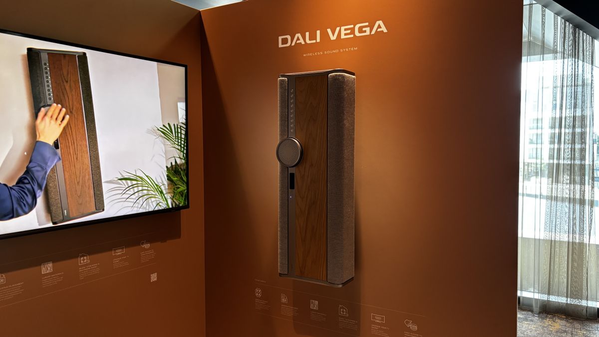 Dali Vega wireless sound system hanging on a wall in portrait mode