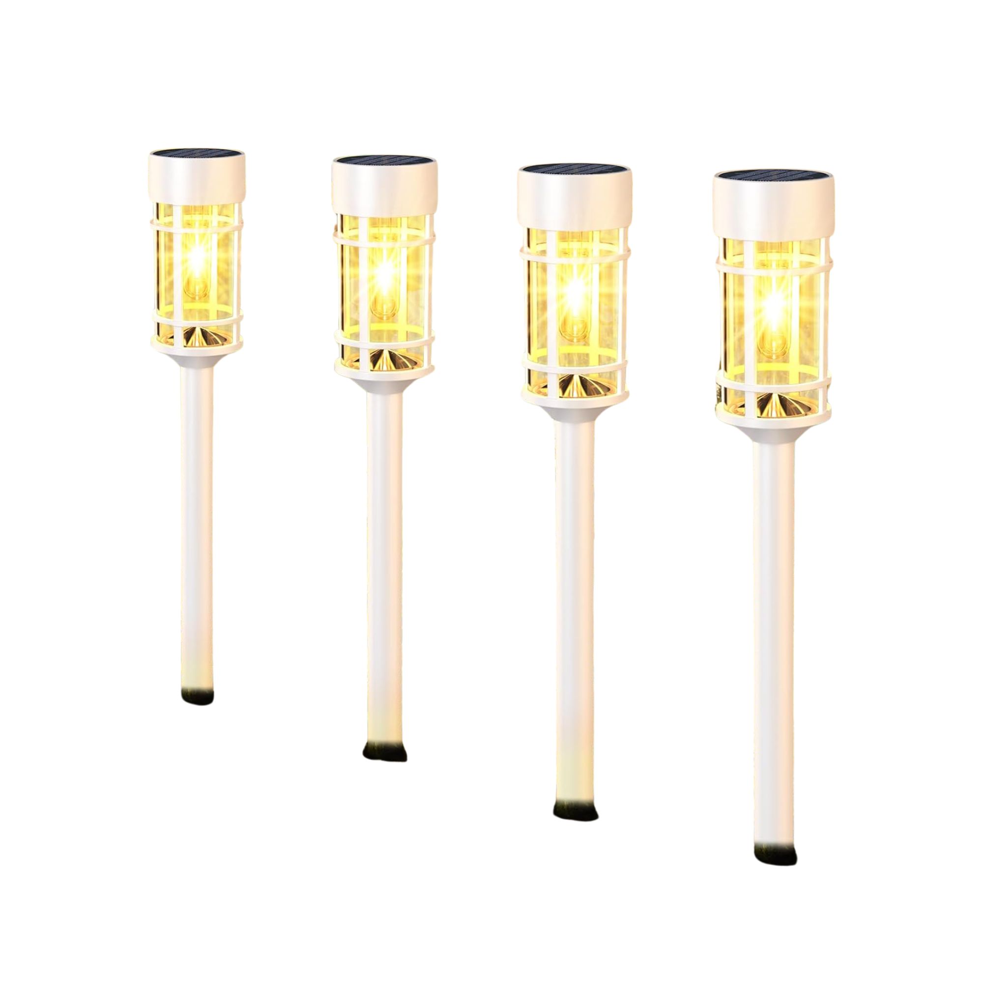Four white outdoor wireless lights with glowing lights and thatched windows