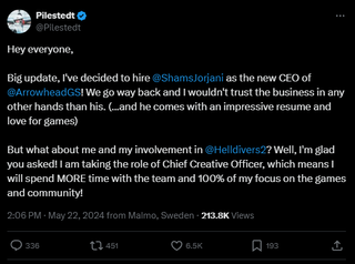 A post that reads; "Hey everyone, Big update, I've decided to hire @ShamsJorjani as the new CEO of @ArrowheadGS ! We go way back and I wouldn't trust the business in any other hands than his. (...and he comes with an impressive resume and love for games) But what about me and my involvement in @Helldivers2 ? Well, I'm glad you asked! I am taking the role of Chief Creative Officer, which means I will spend MORE time with the team and 100% of my focus on the games and community!"
