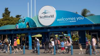 People standing outside of SeaWorld aquarium