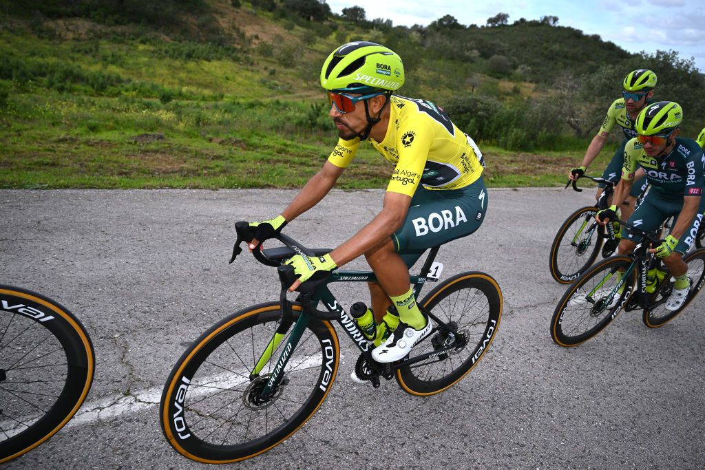TAVIRA PORTUGAL FEBRUARY 16 Daniel Felipe Martinez of Colombia and Team BORA hansgrohe Yellow leader jersey competes during the 50th Volta ao Algarve em Bicicleta 2024 Stage 3 a 1922km stage from Vila Real de Santo Antonio to Tavira on February 16 2024 in Tavira Portugal Photo by Dario BelingheriGetty Images