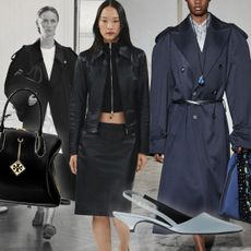 A collage of runway and product images from The Row, Mango, Carven, and Tory Burch.