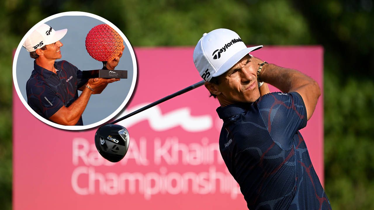 Thorbjorn Olesen with Ras Al Khaimah trophy and hitting a drive