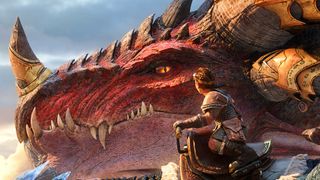 A dragon from World of Warcraft looks at another player riding a dragon