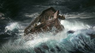 An illustration of Noah's ark during the biblical flood. We see a wood boat crashing over a giant wave against a stormy sky.