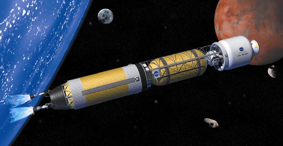 Nuclear thermal rockets like the one in this artistic rendering could halve the time needed for a Mars mission.