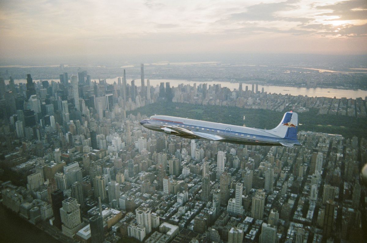 Photos from the Red Bull Flying Bulls Douglas DC-6B flight shot using vintage cameras
