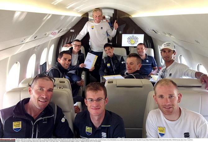 Team Tinkoff-Saxo arrive to preview the stage 5 cobbles in Oleg Tinkoff's private jet