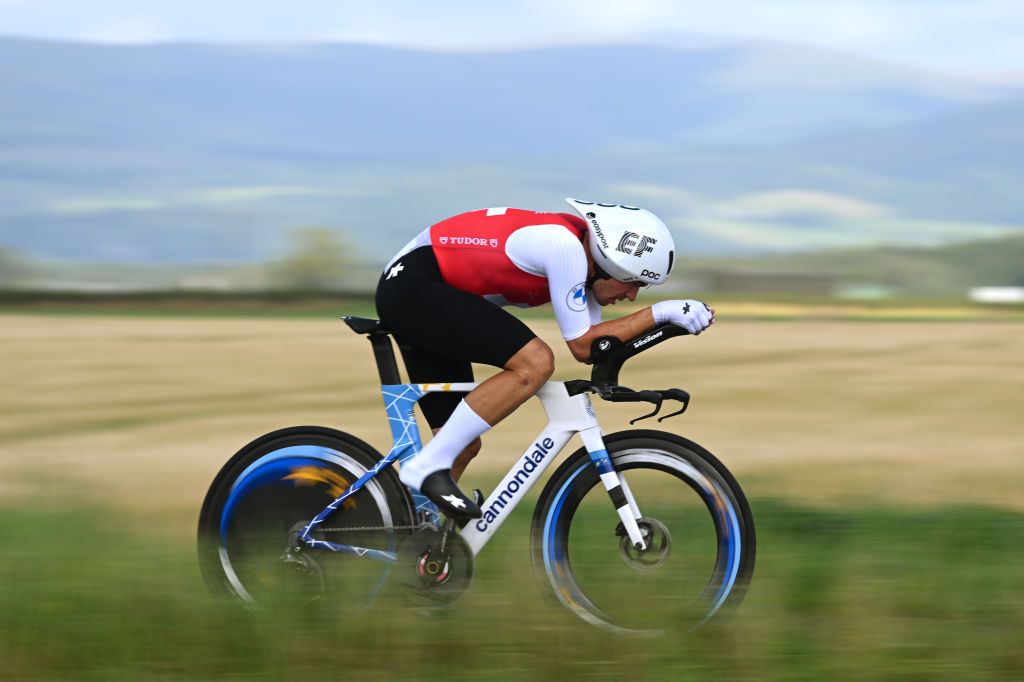 STIRLING SCOTLAND AUGUST 11 Stefan Bissegger of Switzerland sprints during the Men Elite Individual Time Trial a 478km race from Stirling to Stirling at the 96th UCI Cycling World Championships Glasgow 2023 Day 9 UCIWT on August 11 2023 in Stirling Scotland Photo by Dario BelingheriGetty Images