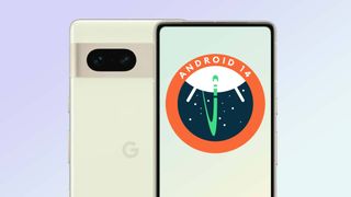 The Android 14 logo on a Google Pixel 7
