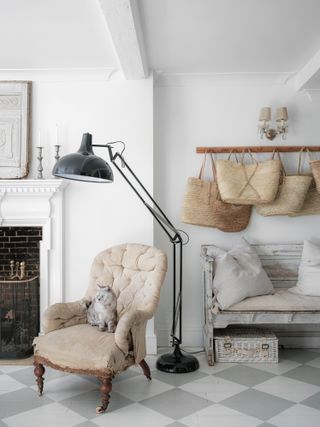 Grey living room with hanging straw baskets