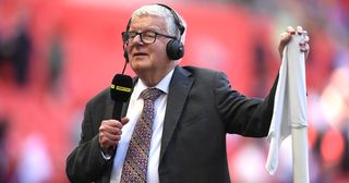 John Motson speaks on BBC Sport prior to The Emirates FA Cup Final between Chelsea and Manchester United at Wembley Stadium on May 19, 2018 in London, England.
