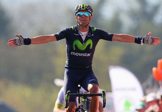 Alejandro Valverde (Movistar) celebrates as he crosses the finish line to win the 79th La Fleche Wallonne.