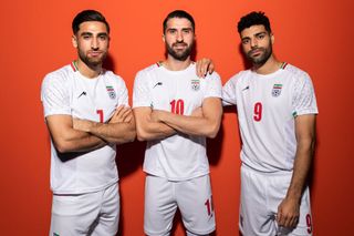 Alireza Jahanbakhsh, Karim Ansarifard and Mehdi Taremi of IR Iran pose during the official FIFA World Cup Qatar 2022 portrait session on November 15, 2022 in Doha, Qatar.