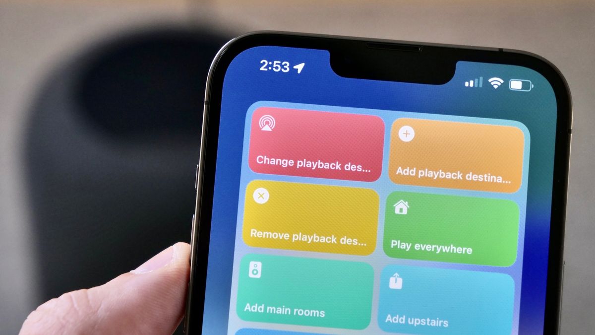 Hero photo of the Playback Destination shortcuts linked in the story as a Shortcuts widget on an iPhone