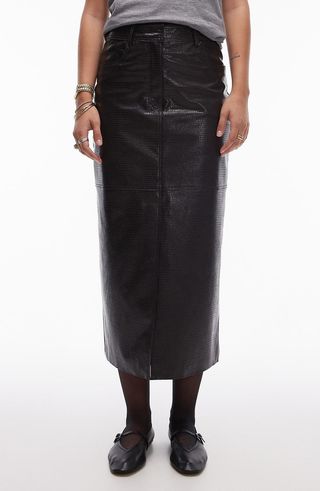 Croc Embossed Faux Leather Midi Skirt