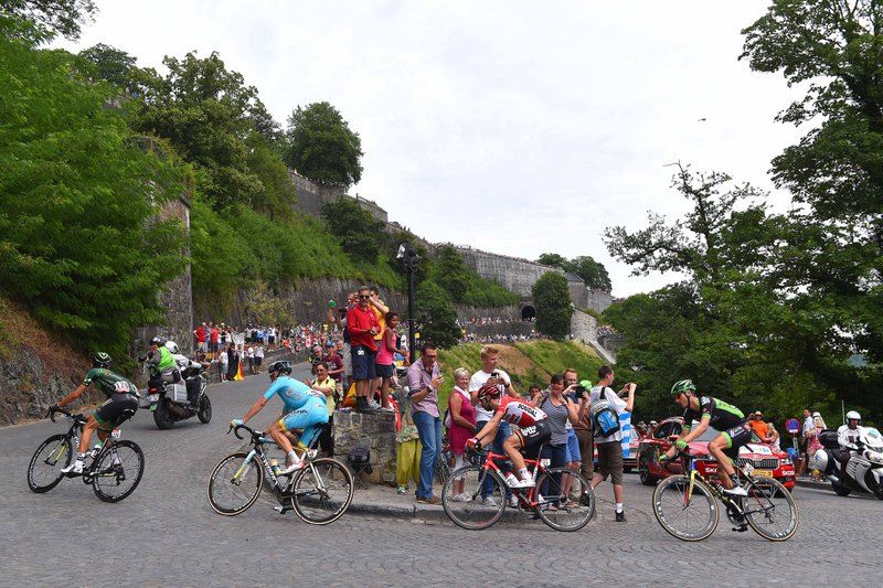 The breakaway on a cobbled climb